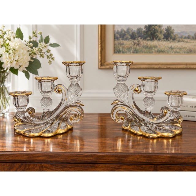 A wonderfully decorative matched pair of 1930s three-light crystal candlesticks by the Cambridge Glass Company of Ohio....