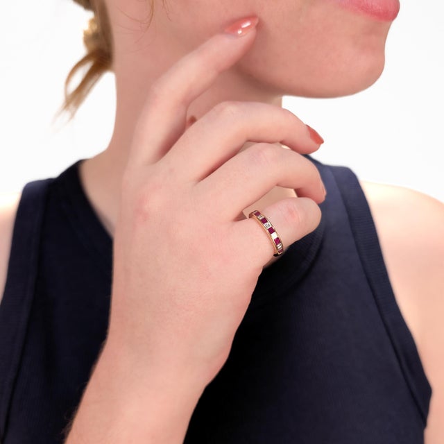 Modern Vintage Tiffany & Co. 18k Gold, Diamond, and Ruby Half Eternity Band Ring For Sale - Image 3 of 11