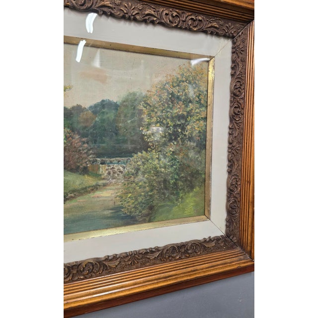 English Vintage Impressionist Style Landscape Oil Painting in Carved Wood Frame - Signed unclear For Sale - Image 3 of 12
