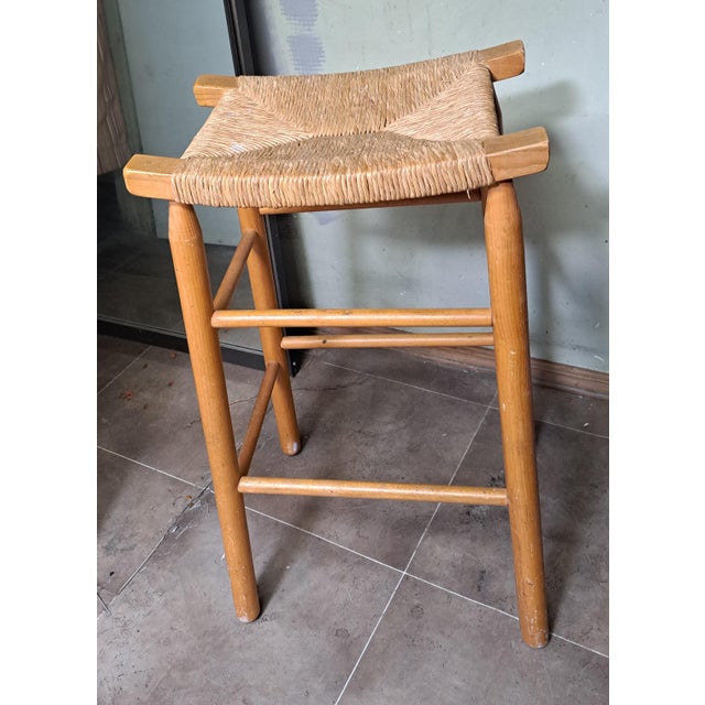 1980s Mid Century Rush Wood High Stool For Sale - Image 9 of 9