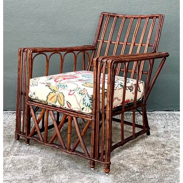 Mid-Century Modern Vintage Stick Rattan Lounge Chair in Vintage Schumacher Paisley For Sale - Image 3 of 12
