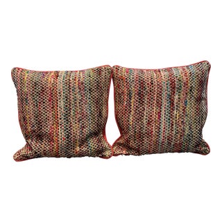 Multi-Colored Woven Raw Silk Pillows With Red Backing - a Pair For Sale