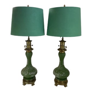 1940s Italian Murano Hand Blown Glass Table Lamps With New Green Suede Shades - a Pair. For Sale