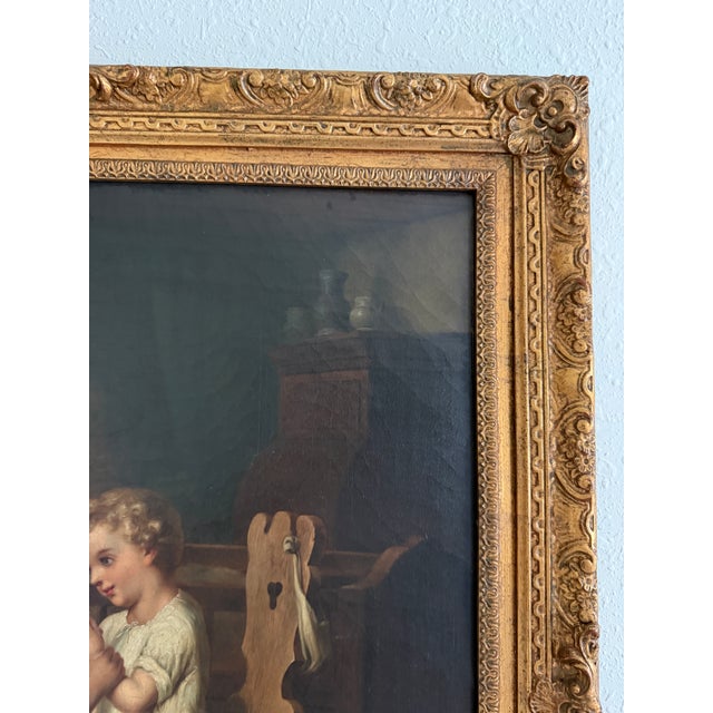 Late 19th Century Large Antique European Oil Painting 19th Century Interior Genre Scene Children For Sale - Image 5 of 18