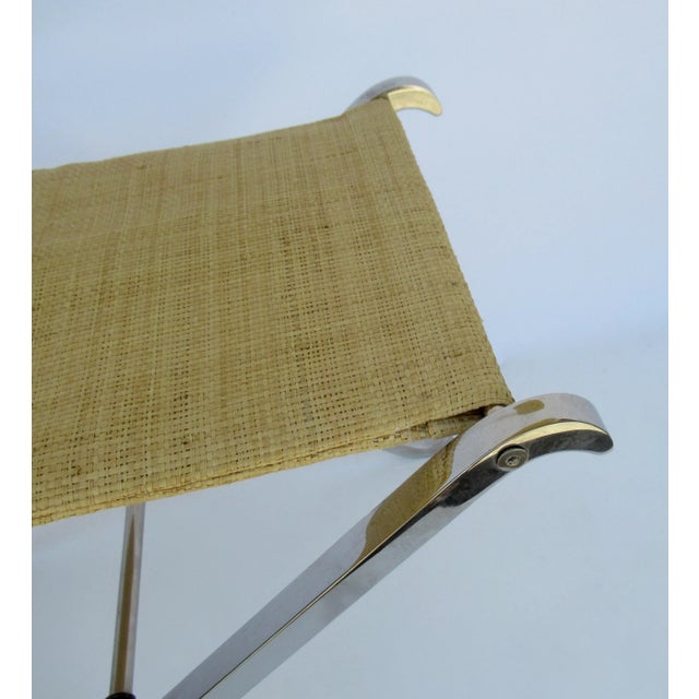 C.1970's French Maison Charles, Chrome Plated Over Solid Steel X-Base Cross Legged Bench With Donghia Raphia Textile For Sale - Image 10 of 13