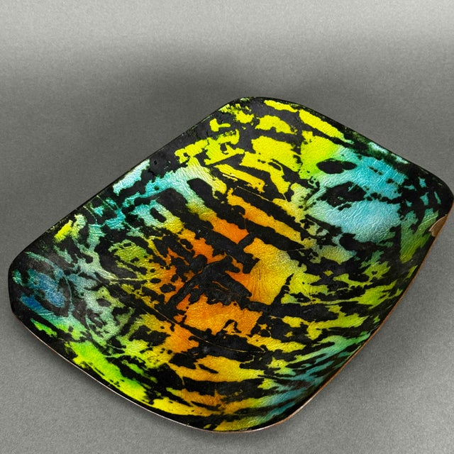 Vintage 60s 70s Mid-Century Modern Electric Tiger Stripe Enamel on Copper Bowl Candy Dish For Sale - Image 4 of 12