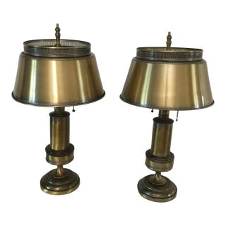 Vintage 1960s Brushed Brass Table Lamp Bouillotte Style With Metal Shade a Pair For Sale