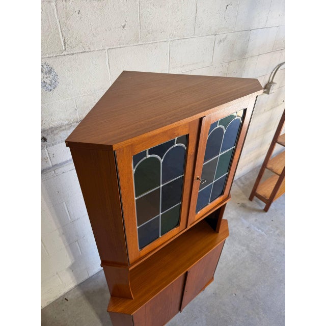 Vintage Danish Modern Teak Corner Cabinet Display Hutch Mid Century Stained Glass Denmark For Sale In Los Angeles - Image 6 of 9
