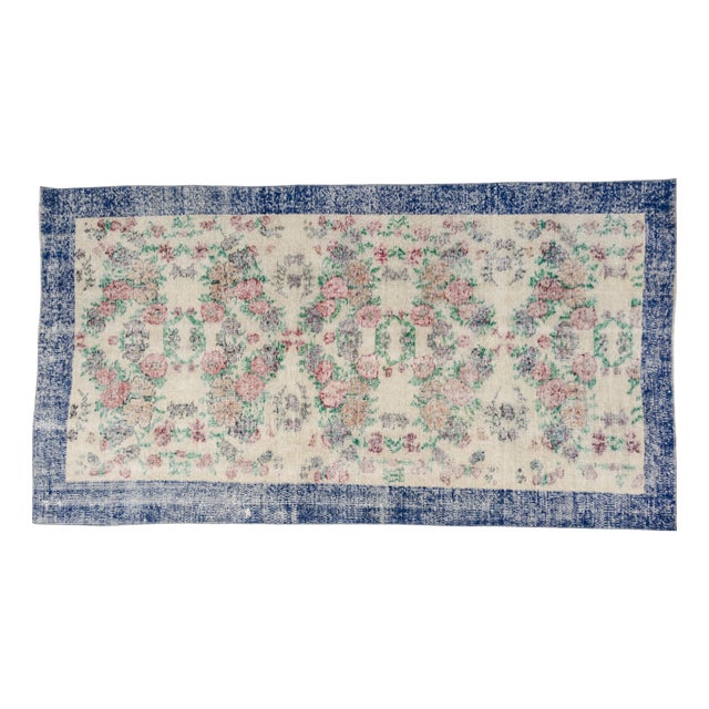 Hand Knotted Beige and Blue Wool Runner Rug For Sale