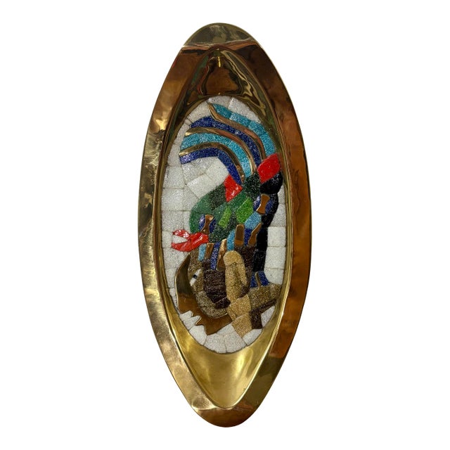 Vintage Salvador Teran Brass and Mosaic Glass Moctezuma Tray For Sale