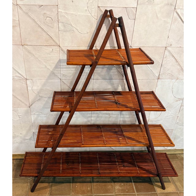 Rare Mid-Century Style Bamboo, Rattan Foldable Wall, Book Shelf, Étagère With 4 Graduated Tiers in a Sculptural a-Frame Form For Sale - Image 12 of 12