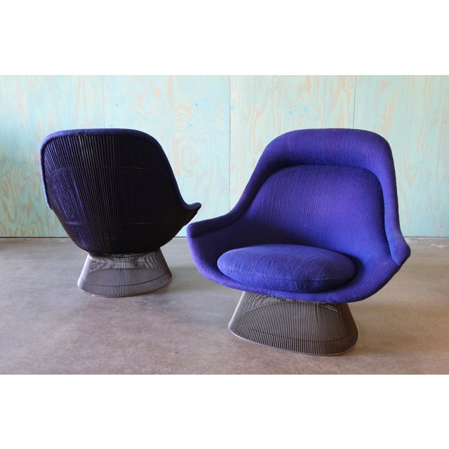 Early Warren Platner for Knoll International Bronze Easy chairs In original purple and dark blue Cato fabric. these chairs...