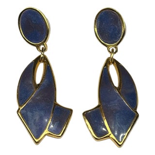 1980s Berebi Blue Enamel and Gold Dangle Earrings - 2 Pieces For Sale