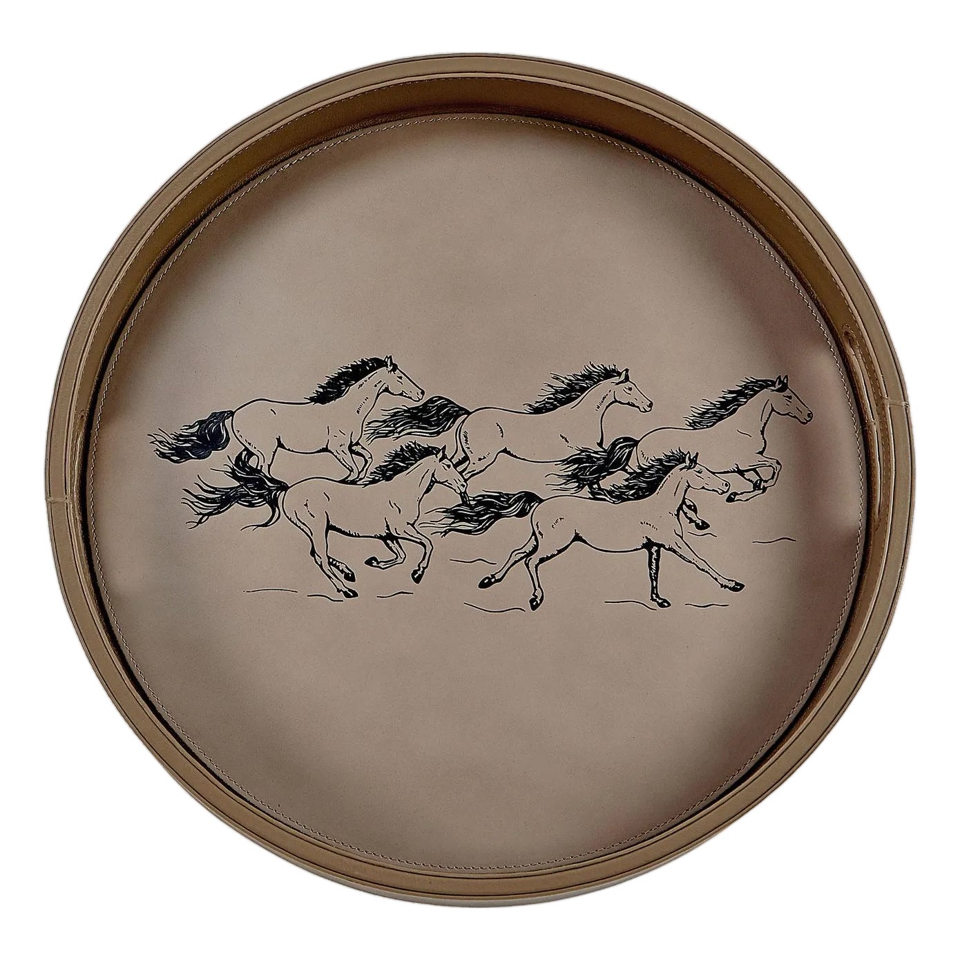 Running Horses Round Leather Tray, Taupe | Chairish