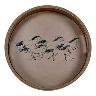 Running Horses Round Leather Tray, Taupe For Sale