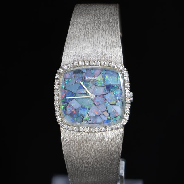 Vintage Longines Opal Mosaic Dial 34mm Diamond Bezel 18k White Gold Watch For Sale - Image 10 of 14