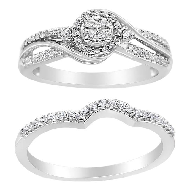 .925 Sterling Silver 1/3 Cttw Composite Diamond Frame Bypass Bridal Set Ring and Band (I-J Color, I2-I3 Clarity) - Ring - Size 4 For Sale