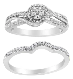 .925 Sterling Silver 1/3 Cttw Composite Diamond Frame Bypass Bridal Set Ring and Band (I-J Color, I2-I3 Clarity) - Ring - Size 4