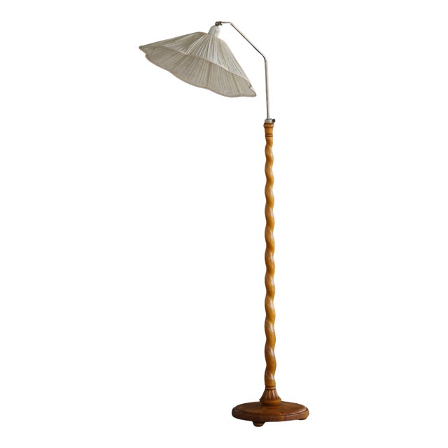 Mid-Century Swedish Floor Lamp with Turned Birch Base and Pleated Shade, 1940s For Sale