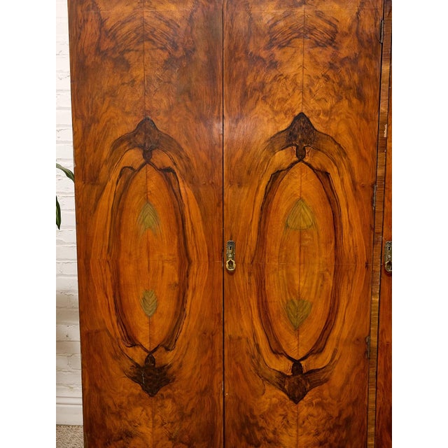Wood Vintage Art Deco Burl Wood Wardrobe Armoire With Hand-Painted Botanical Doors For Sale - Image 7 of 9