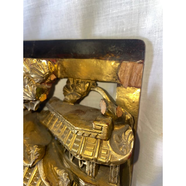 Wood Antique Chinese Carved Deep Relief Gilt Wood Warriors Scenes Panel For Sale - Image 7 of 12