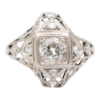 Antique Ladies Art Deco Filigreed Platinum Old European Diamond Engagement Ring Size 5 For Sale