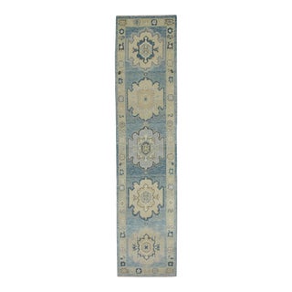 Early 21st Century Blue Geometric Design Handwoven Wool Turkish Oushak Rug 2'9" X 11'11" For Sale