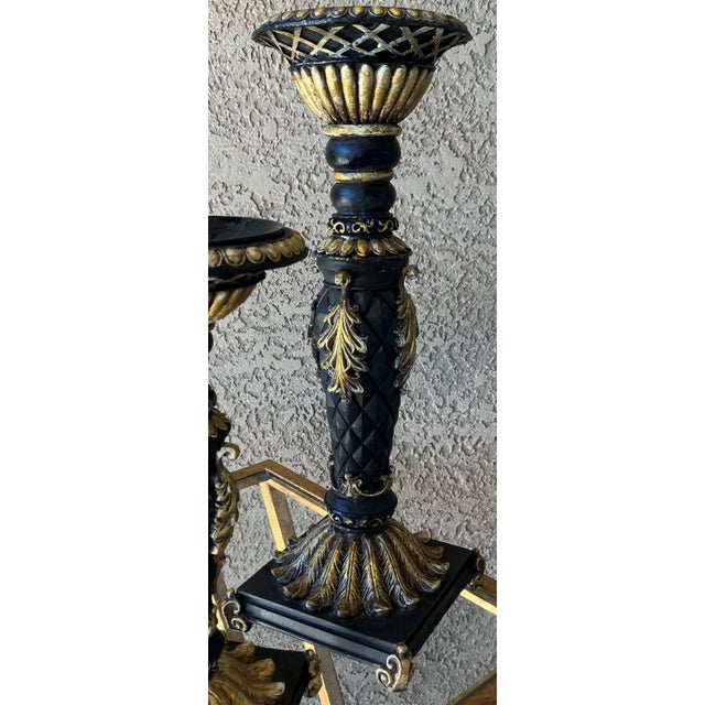 Late 20th-Century French Baroque-Style Faux Ebonized & Gilt Painted Finish Candleholders - Set of 3 For Sale In Austin - Image 6 of 12