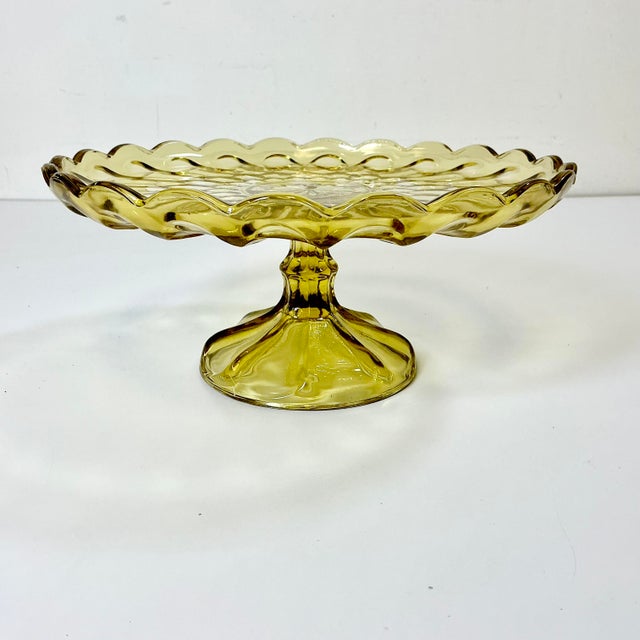 1940s Art Deco Boho Chic Hollywood Regency Indiana Glass Depression Yellow Cake Stand For Sale - Image 9 of 11