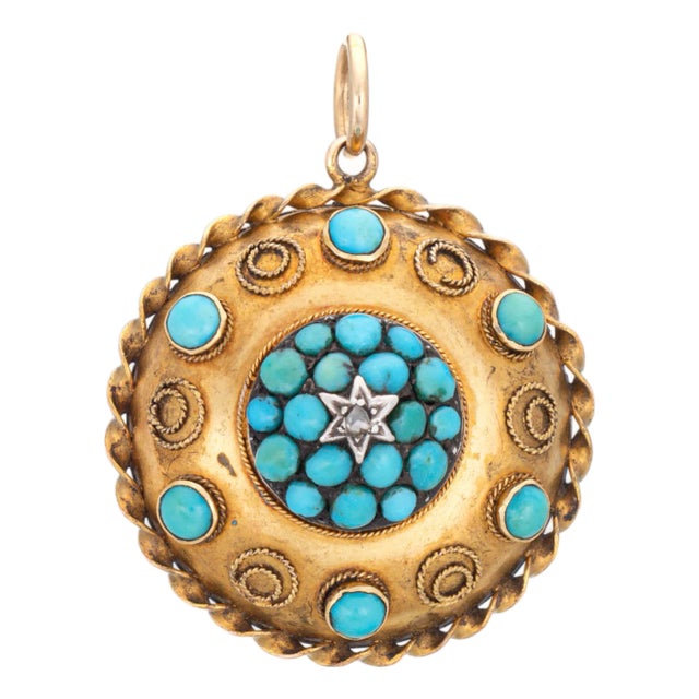 Antique Victorian Turquoise Locket 14k Yellow Gold Diamond Pendant Fitted Case For Sale