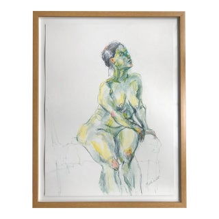2000s Original Expressionist Drawing of Nude Woman, Custom Maple Frame For Sale