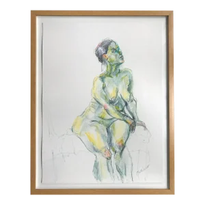 2000s Original Expressionist Drawing of Nude Woman, Custom Maple Frame