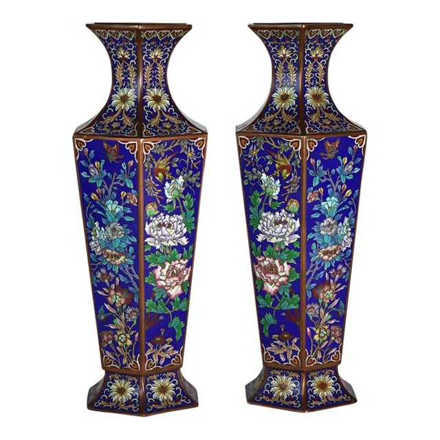 Pair of Large Antique Chinese Floral Cloisonne Enameled Bronze Vases C1920 For Sale