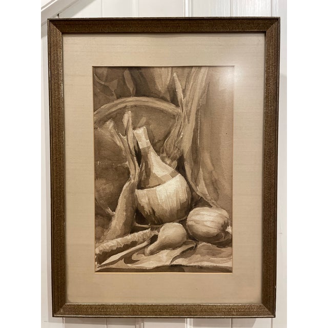 Neutral Stilllife Painting Unsigned - Creams and Browns, Bottle and Veggies For Sale - Image 4 of 8