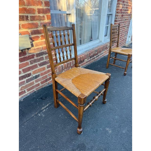 Wood Vintage English Country Lancashire Spindle Back Rush Seat Dining Side Chairs. Set of 4 For Sale - Image 7 of 14