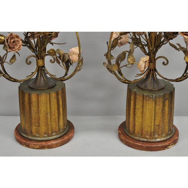 Wood Early 20th Century Italian Hollywood Regency Gold Gilt Iron Metal Pink Rose Tall Table Lamps Pair For Sale - Image 7 of 12