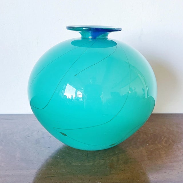Vintage Mouth-Blown Art Glass Round Bowl-Shaped Vase in Vibrant Blue, Signed Shades of Teal, Turquoise and Blue Measures...