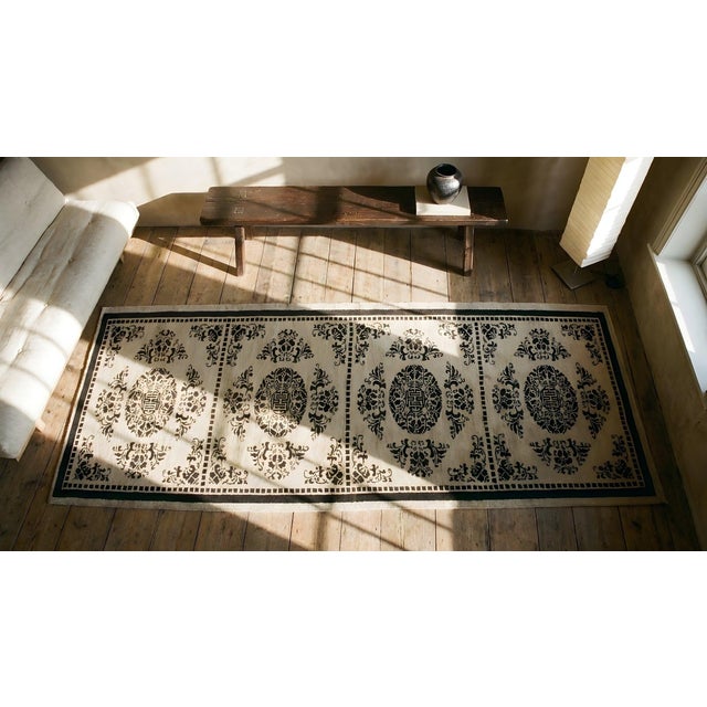 Luxurious Beige Open Field With Black Diamond Pattern Antique Chinese Peking Rug For Sale - Image 12 of 14