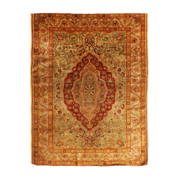 Antique Kayseri Geometric Beige Gold and Red Silk Floral Rug - Medallion Style For Sale