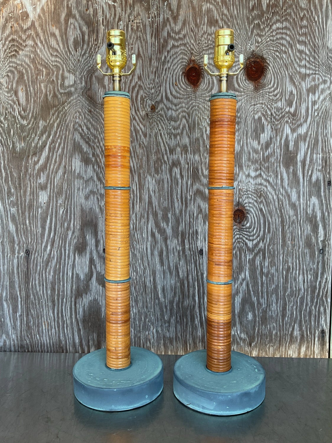 Vintage Coastal Wrapped Pencil Reed Column Lamps - a Pair - Top view