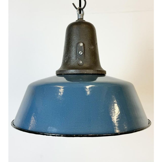 Industrial Blue Enamel Factory Lamp with Cast Iron Top, 1960s For Sale - Image 6 of 18