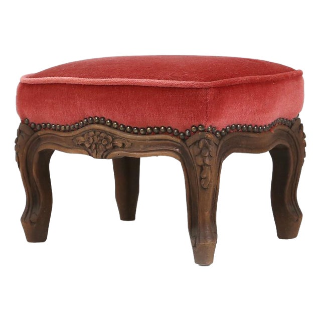 Baroque Ottoman in Carved Wood with Coral Velvet Upholstery, 1950s For Sale