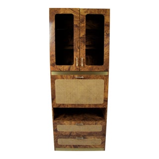 Mid Century Modern Milo Baughman Style Burlwood, Brass and Cane Wall Unit With Drop Down Desk For Sale
