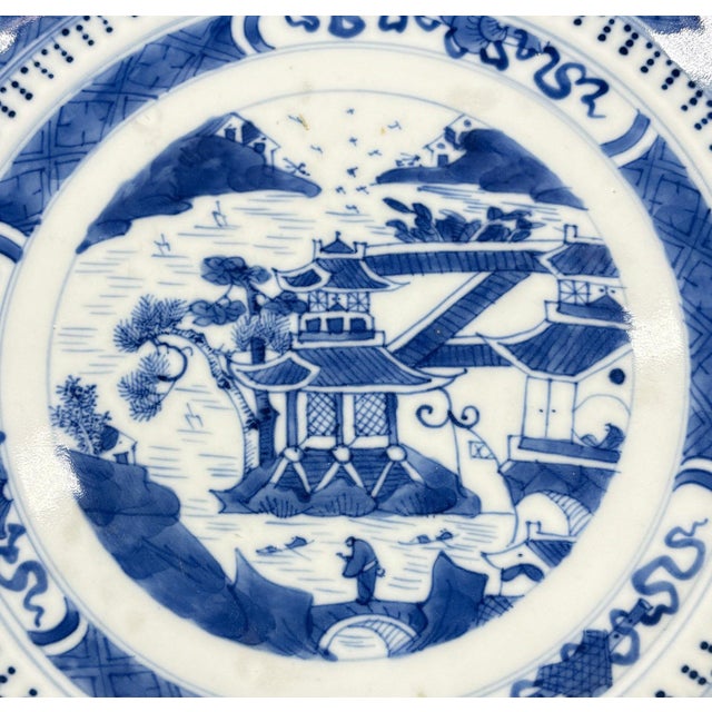Rare 19th C. Qing Dynasty Chinese Export Blue Nanking Porcelain Landscape Plate For Sale - Image 4 of 7
