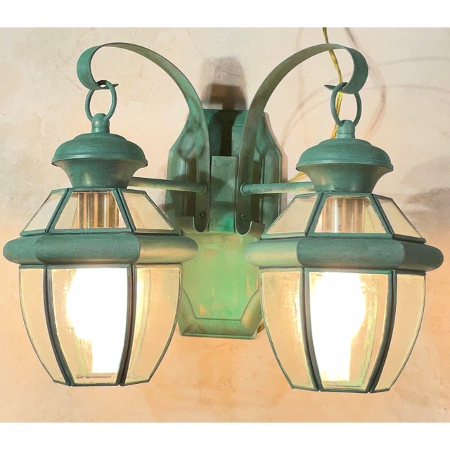 Vintage Brass 2-Light Outdoor Wall Lantern -15” W X 12”h X 8”h For Sale - Image 9 of 10