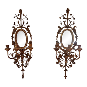 Italian Gold Carved Wood Mirrors Wall Sconces- Set of 2