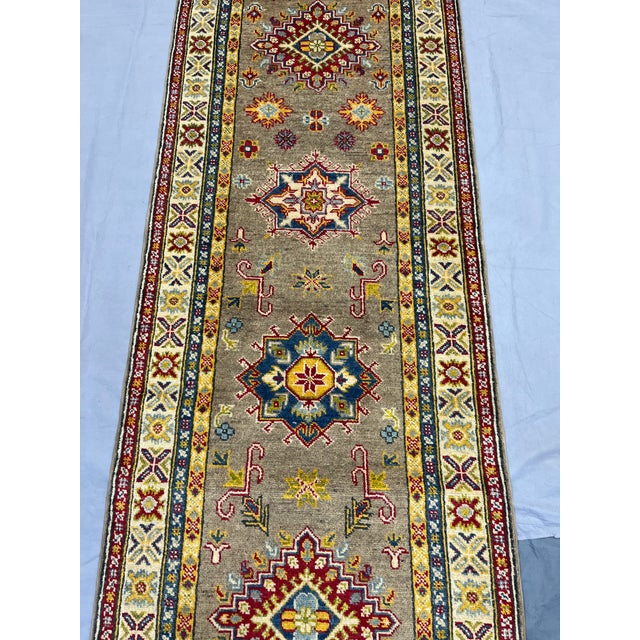 Extra-Long Olive Gold Kazak Wool Runner Rug With Geometric Medallions ...