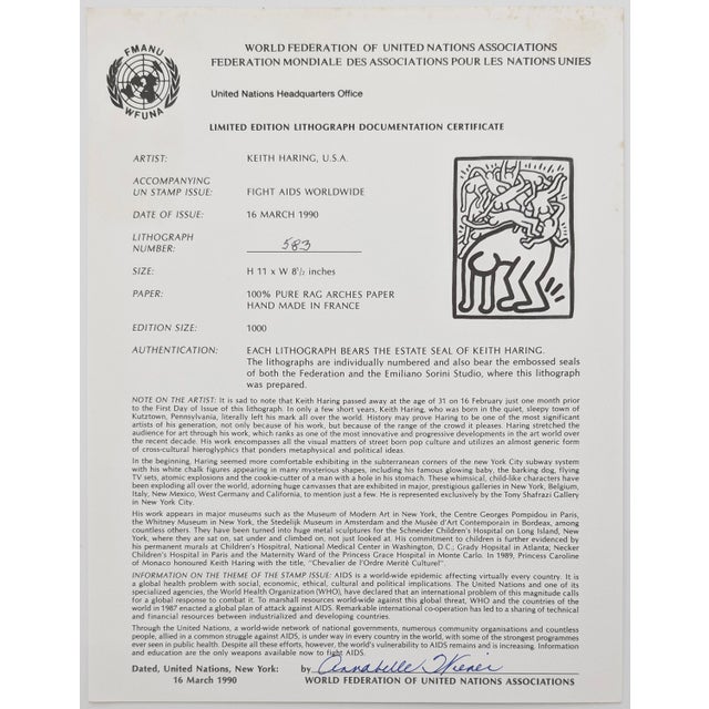 1990s Keith Haring, Fight Aids Worldwide Lithograph, Pop Art, Estate Signed, Edition 583/1000, 1990 For Sale - Image 5 of 5