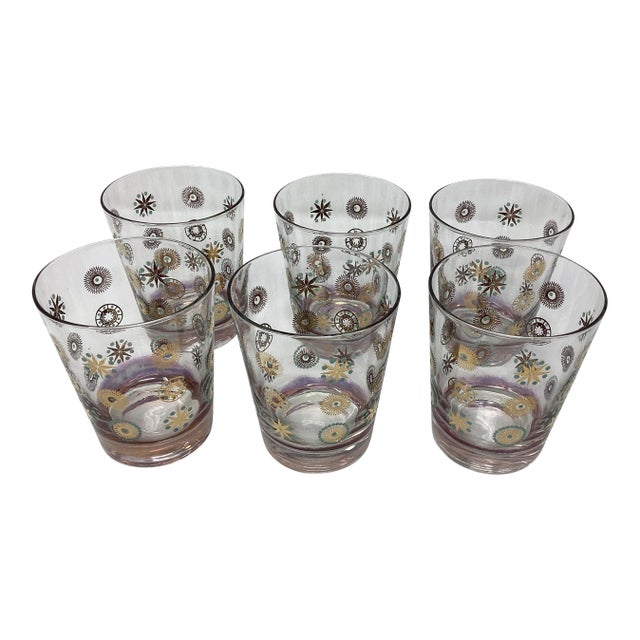 Set of Six Mid Century Atomic Double Old Fashioned Glasses For Sale