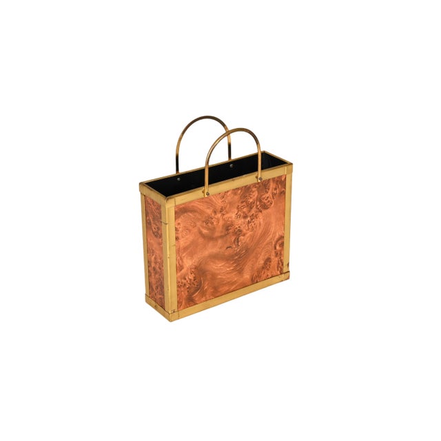 Mid-Century Italian Walnut Briar Effect Magazine Rack with Brass Handles, 1970s For Sale - Image 4 of 14